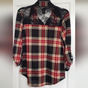 Red Black Beige plaid & lace shirt top blouse button down